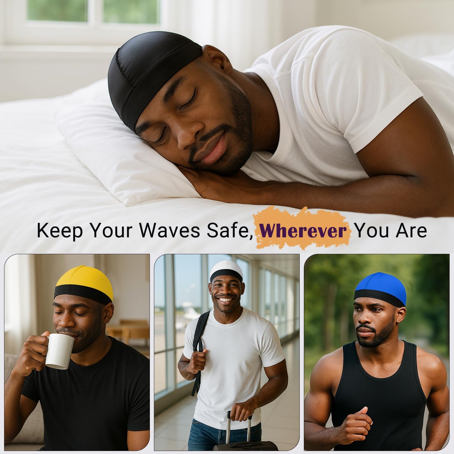 DURALA Adjustable Wave Caps for Men, Premium Elastic Stocking Cap for 360 540 720 Wave (Black+Gold)