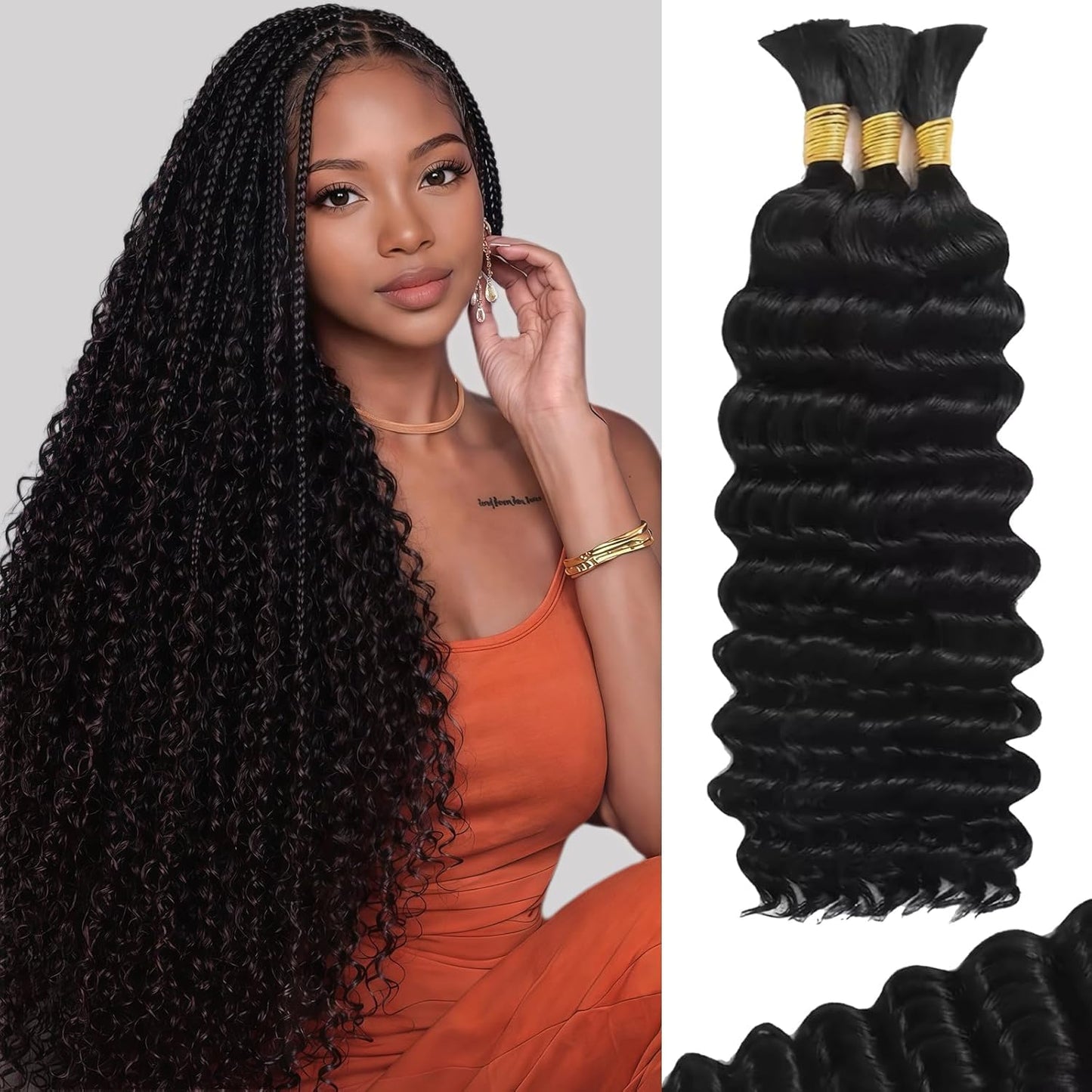 Water Wave Human Braiding Hair - 16 Inch Deep Curly Bundles for Boho Braids | 110g Natural Black