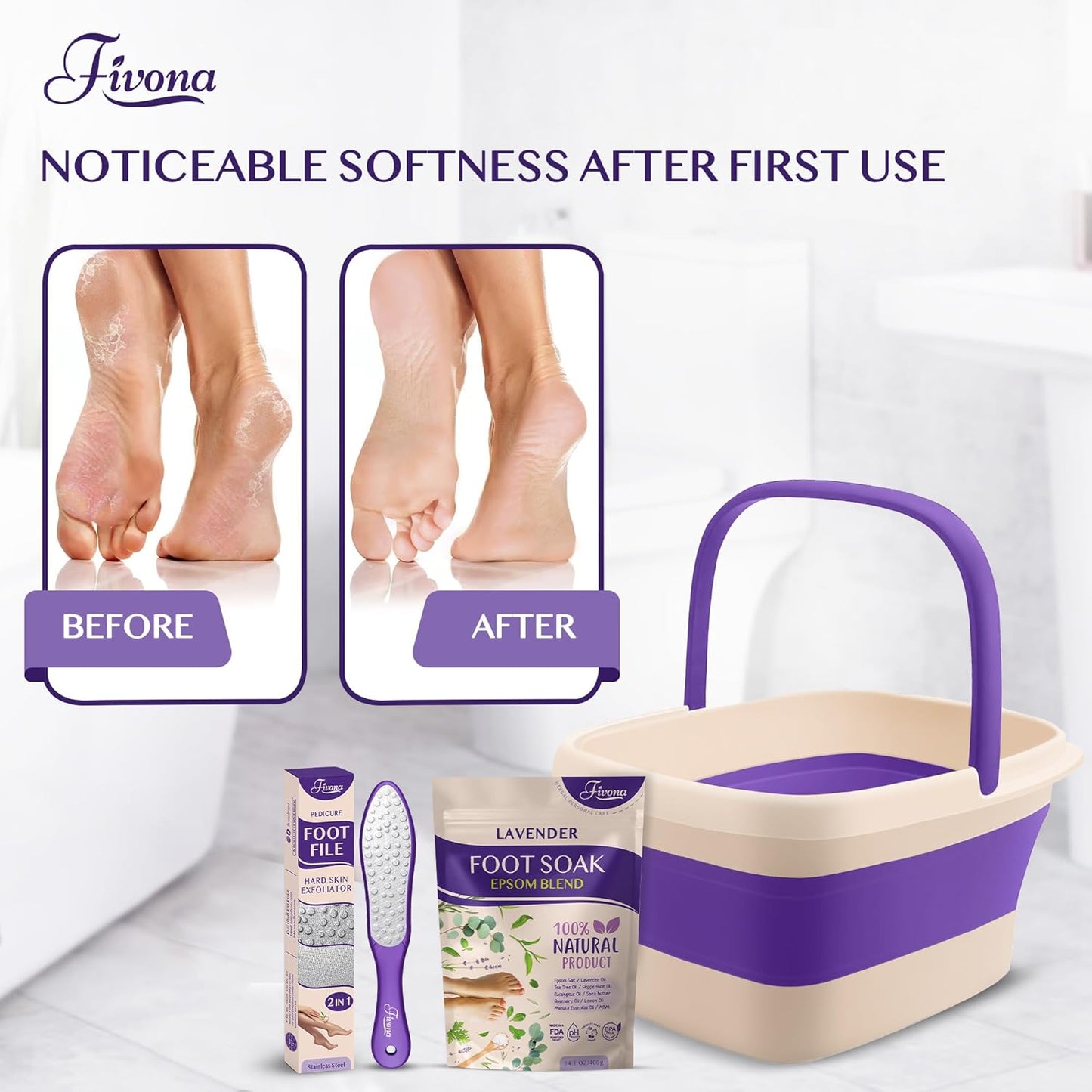 Fivona Foot Care Kit - 3-in-1 Epsom Salt Foot Soak with Lavender & Essential Oils | Collapsible Basin & Dual Action File