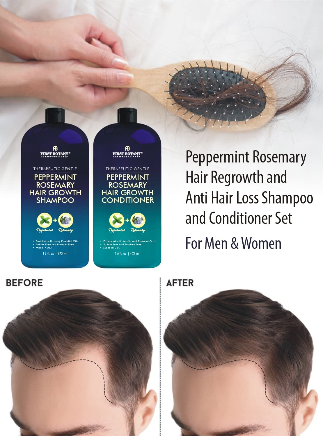 Peppermint Rosemary Hair Regrowth Shampoo & Conditioner Set - Daily Hydrating, Detoxifying, Volumizing | 16 fl oz x 2