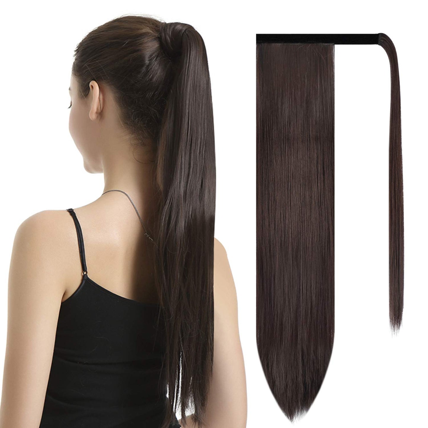 Dark Brown Straight Ponytail Extension - 28 Inch Clip-In Hairpiece for Women | Synthetic Wrap Around Style