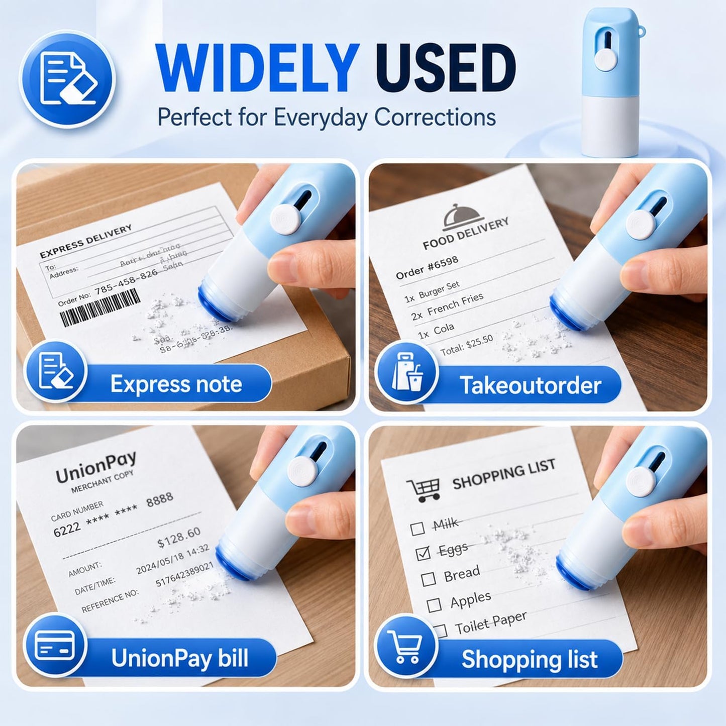 Thermal Paper Eraser Pen Set - 2-in-1 Privacy Label & Unboxing Knife | Liquid Redacting Marker (Blue)