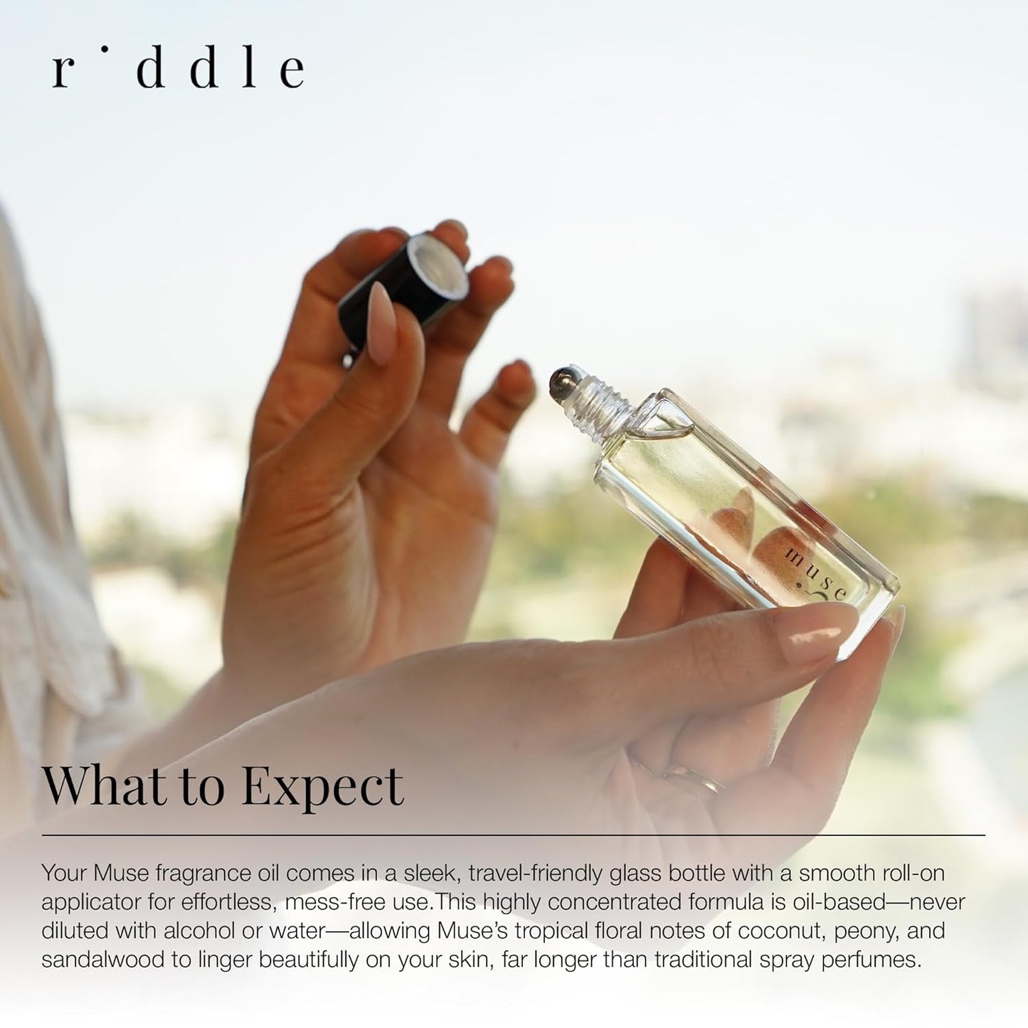 Riddle Oil Muse Roll-On Fragrance - Fruity Citrus Floral Perfume for Women | Mini Rollerball with Coconut, Peony, Magnolia, Bergamot, Sandalwood, Amber