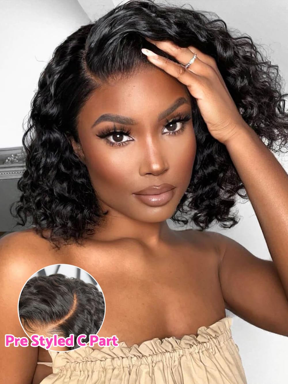 BLY Water Wave Bob Wig Human Hair 7x5 C Part Transparent Lace Wear and Go Glueless Wig Pre Cut Pre Bleached Knots 180% Density Short Wig for Women Natural Black 14 Inch