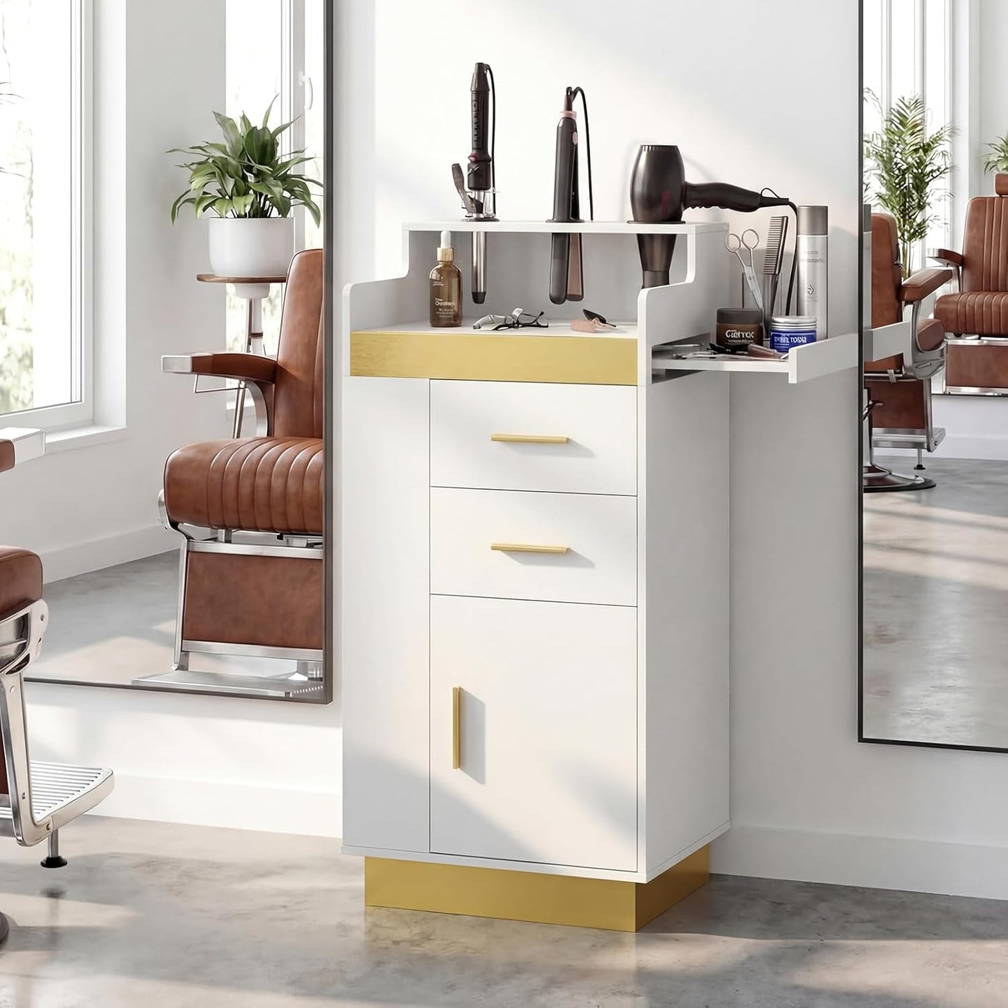 Salon Station for Hair Stylists | Barber Storage System with 3 Hot Tool Holders & Large Cabinet - White