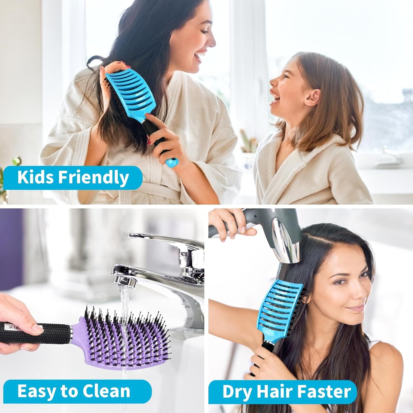 Boar Bristle Hair Brush Set - Curved Vented Detangler for Kids & Men | Adds Shine to Thick Curly Hair