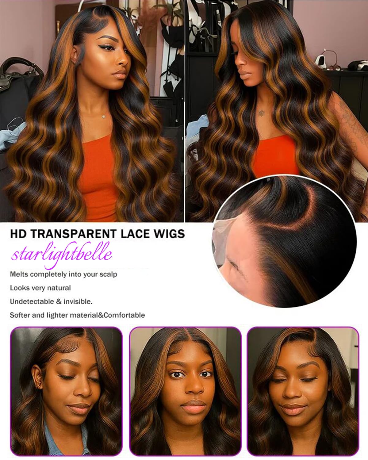 StarlightBelle 30 Inch Wear and Go Glueless Wigs Body Wave Lace Front Wig For Women Pre Cut Highlight Ombre 1B/30 Blended Hair Lace Wigs 220% Density