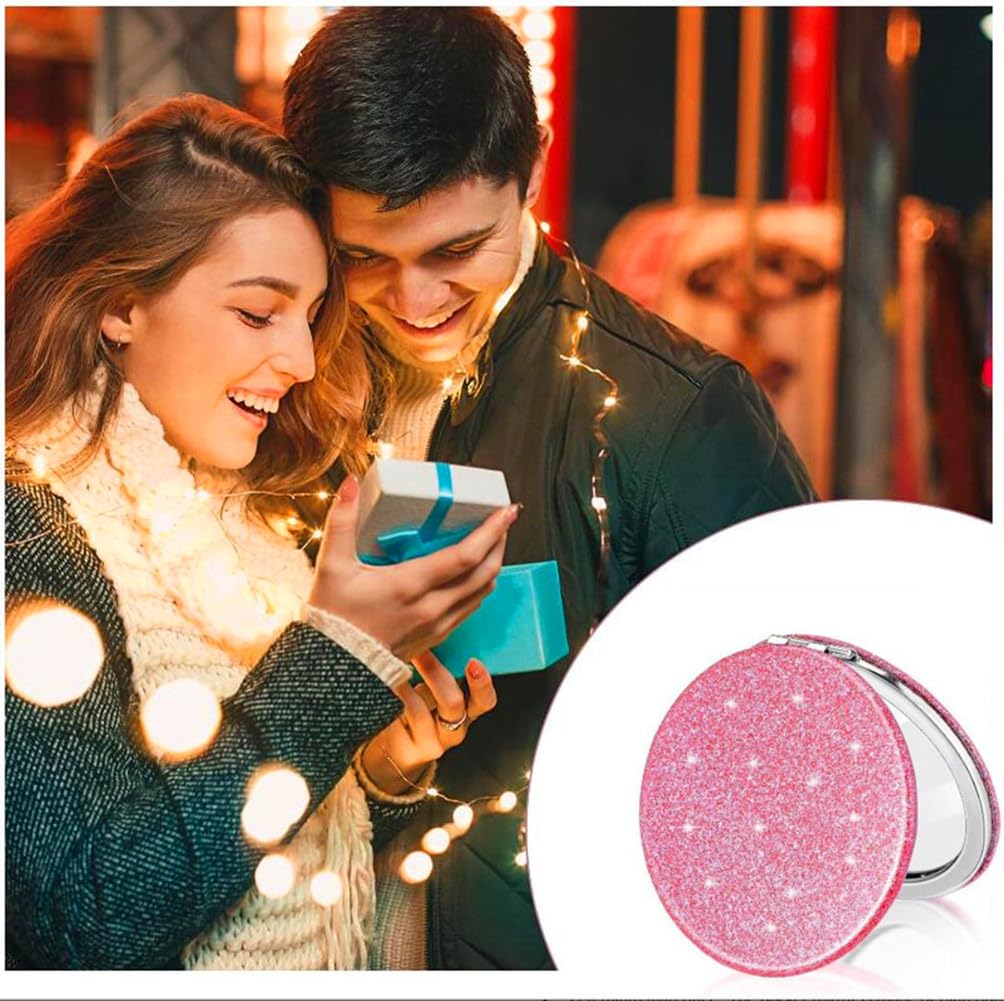 mpowtech Cute Pink Compact Mirror for Women,Small Magnifying Travel Mirror with Glitter,Portable 2 x 1x Magnification Folding Pocket Makeup Mirror Cosmetic Mirror for Gift Travel Essentials