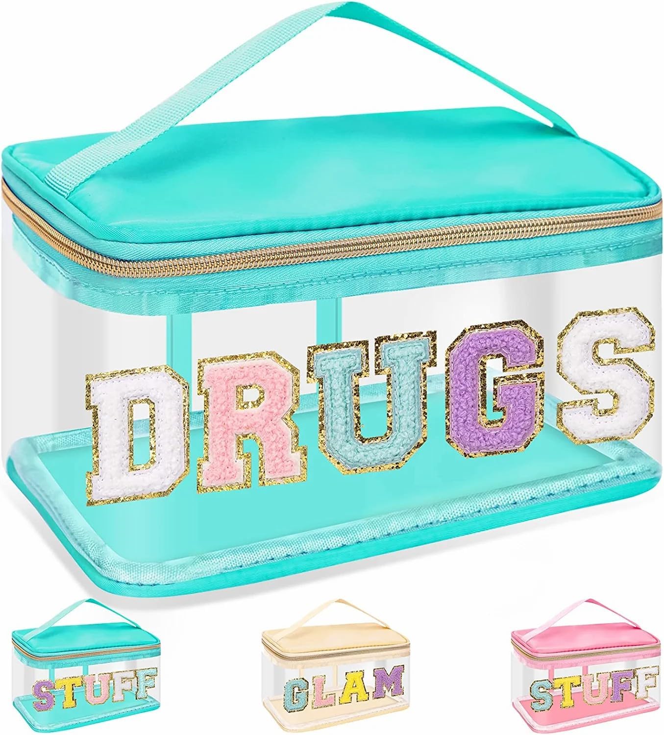 Clear Makeup Bag - Chenille Letter Hair Pouch | Waterproof Glitter Cosmetic Handbag for Travel - Green