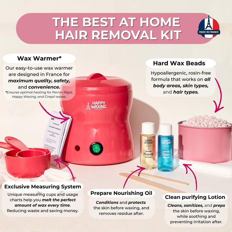 Happy Waxing Premium Home Waxing Kit by Perron Rigot - The Original Pain-Free Hard Wax - Automatic Heater, Measuring Cups & Hypoallergenic Beads for Brazilian, Face & Body - Complete Salon Set
