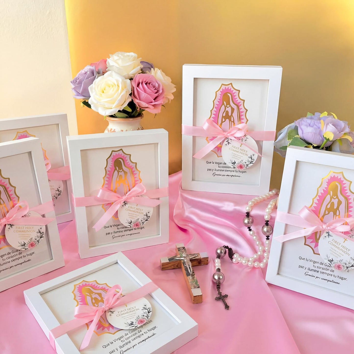 12 Pcs Baptism Favors Our Lady of Guadalupe Frame, Girls First Communion Gifts Recuerdos De Bautizo Photo Frame Pink Bautizo Centerpieces, Catholic Religious Keepsake Niña Primera Comunion Souvenirs