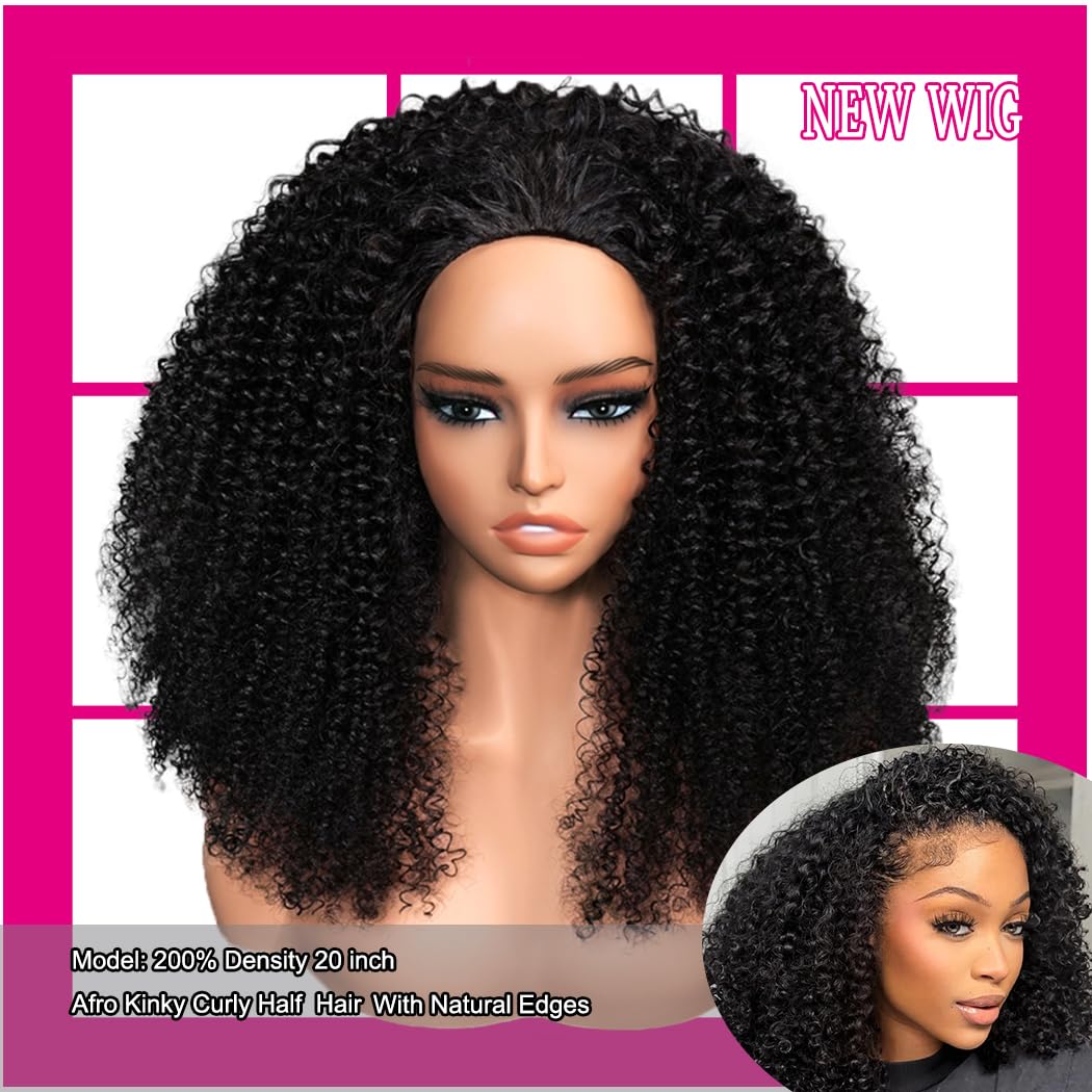 Glueless Half Wig - Kinky-Curly Human Hair Headband Wig | 200 Density, 16 Inch for Black Women