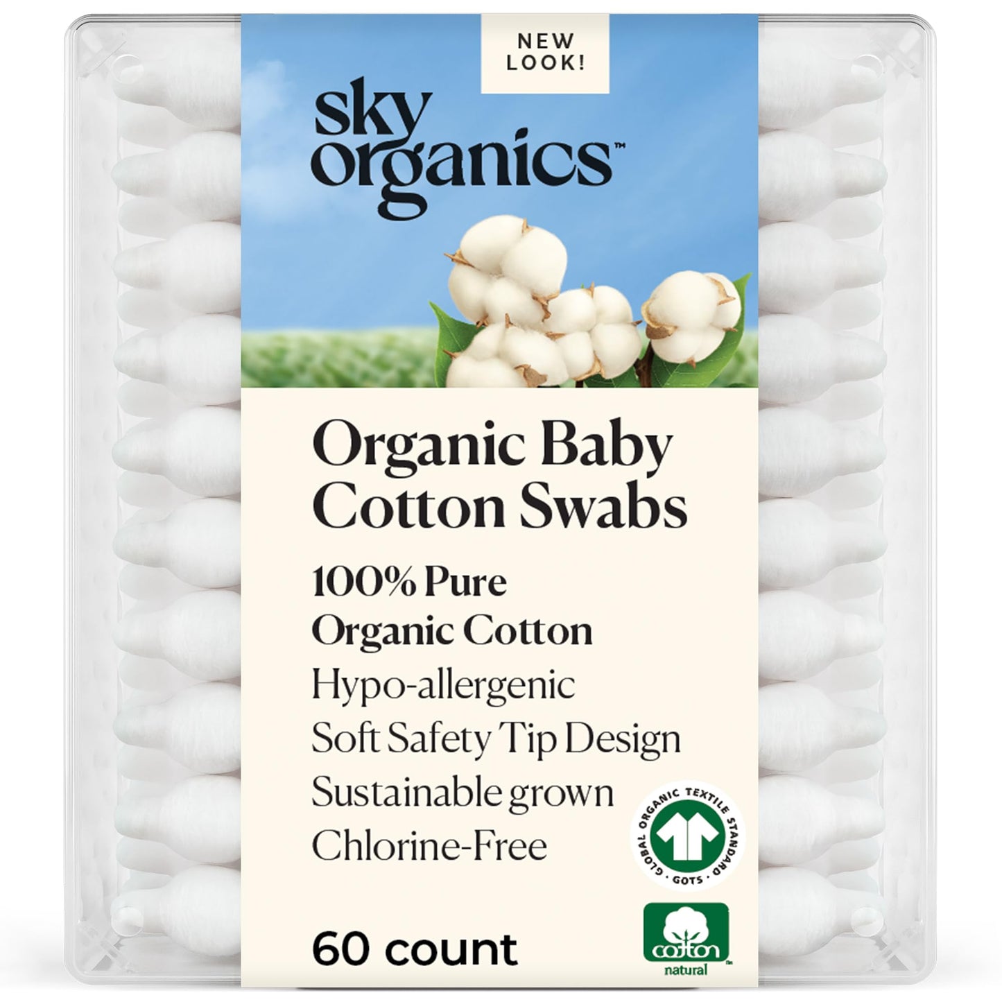 Sky Organics - Organic Baby Cotton Swabs, 60 ct. - Ultra Soft Baby Safe Tips - Strong & Durable - Hypoallergenic - Chlorine Free - Natural, Vegan & Cruelty Free - Skin Care & Baby Care
