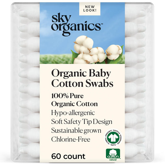 Sky Organics - Organic Baby Cotton Swabs, 60 ct. - Ultra Soft Baby Safe Tips - Strong & Durable - Hypoallergenic - Chlorine Free - Natural, Vegan & Cruelty Free - Skin Care & Baby Care