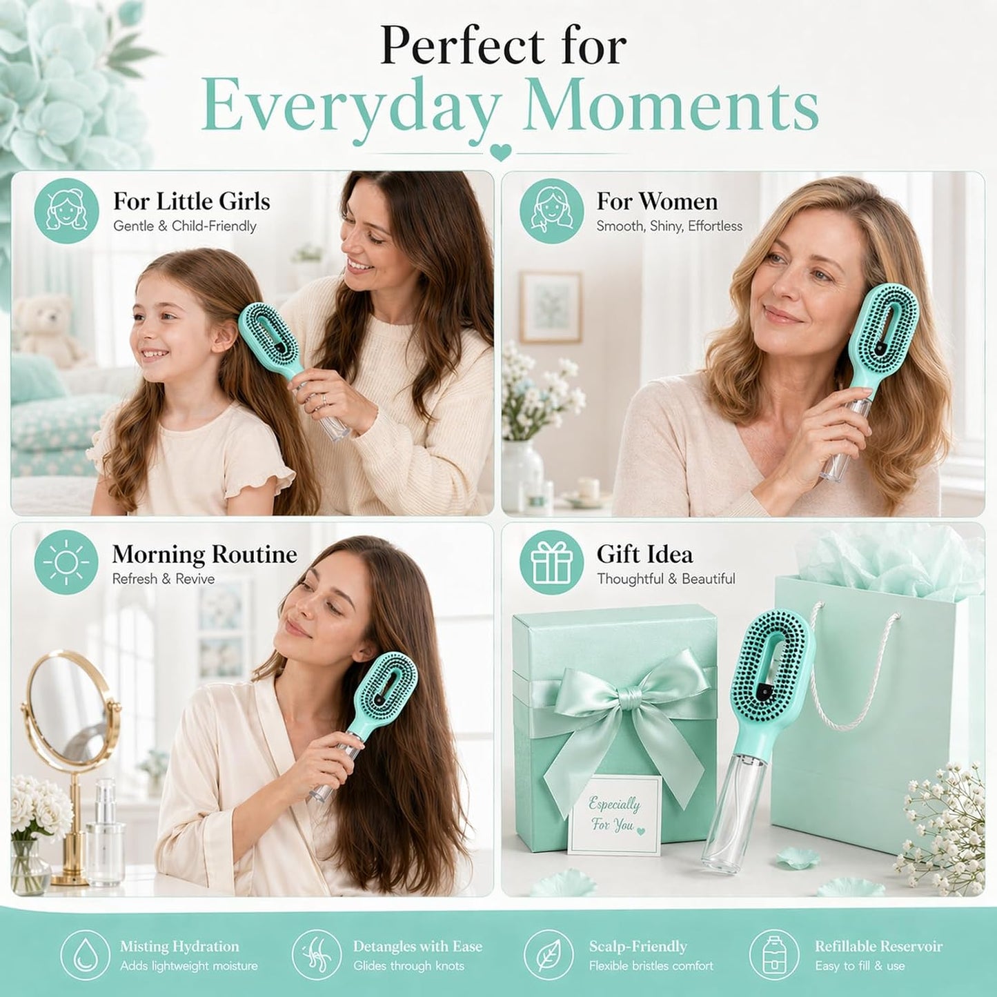 Misting Hair Brush - 2-in-1 Non-Electric Detangling Tool for Wet & Dry Hair | Anti-Frizz, Fine Mist Sprayer (Green)