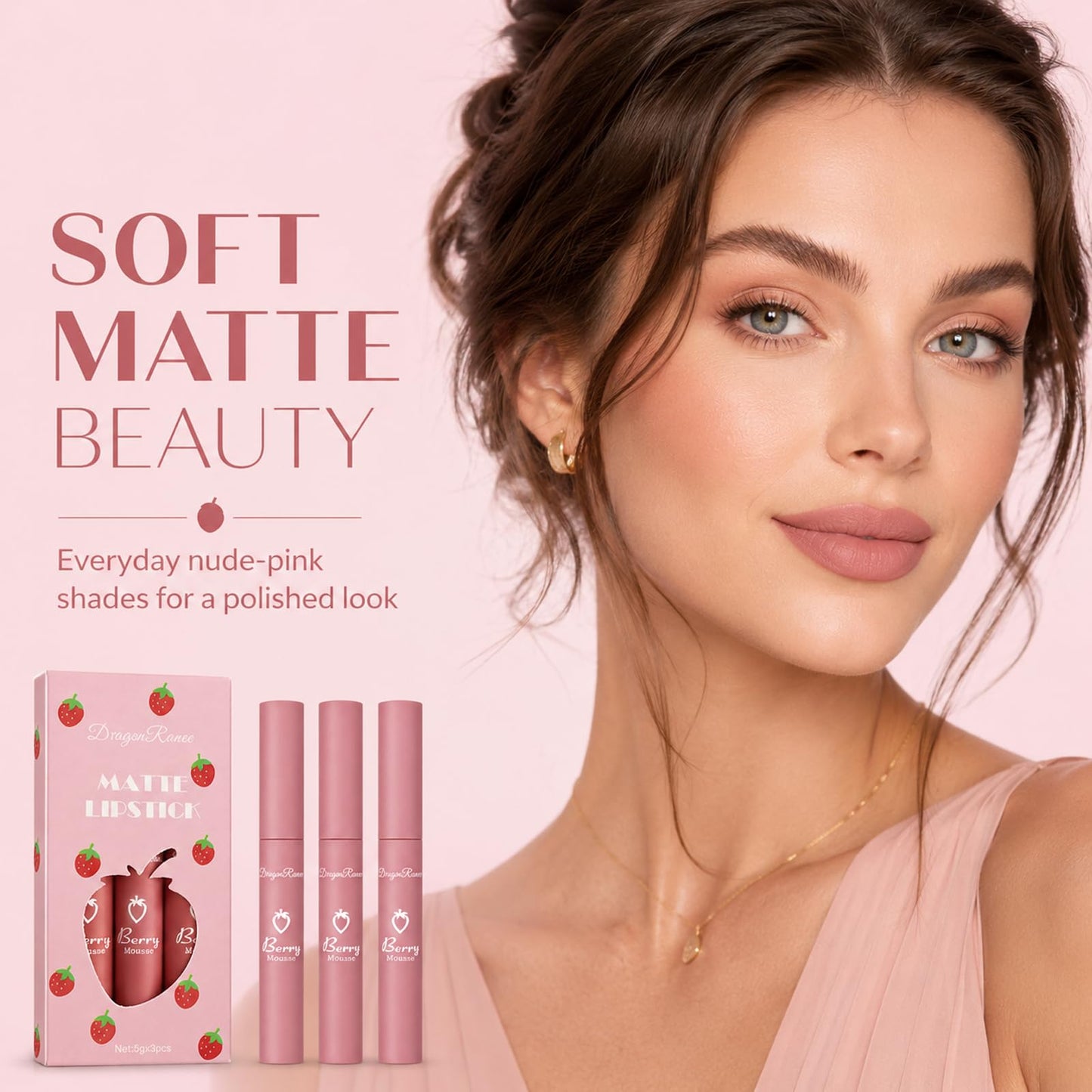 3Pcs Matte Lipstick for Women, Rose Red Nude Liquid Lipstick Makeup, Long Lasting High Impact Color, Velvet Air Moisture Smooth Crayon Lip Stain, Non-Stick Cup Waterproof Lip Gloss, Up to 24H Wear