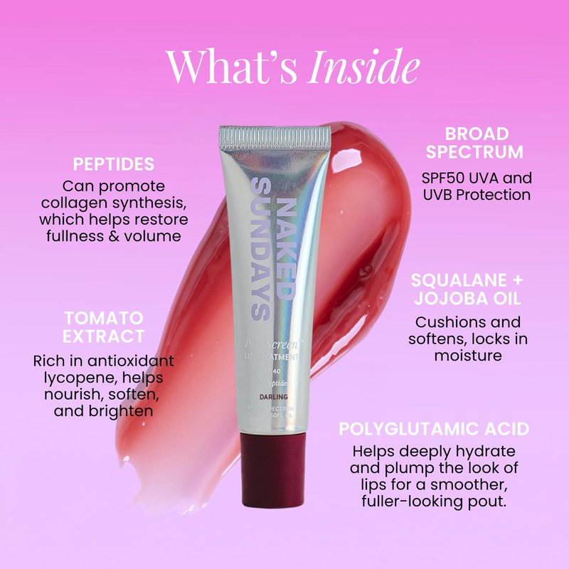 Naked Sundays SPF 50 Tinted Lip Treatment - Hydrating Vegan Lip Balm with Peptides & High-Gloss Finish | 15ml (Darling)