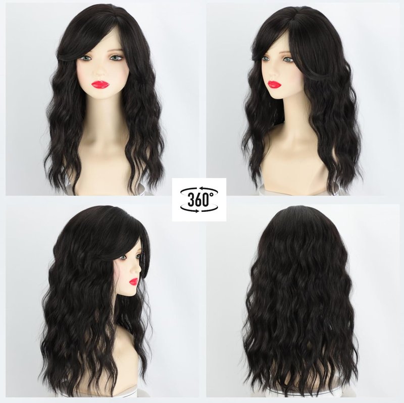 Black Curly Wig for Women - 18-Inch Medium Length with Bangs | Glueless Synthetic Heat-Resistant Hairpiece