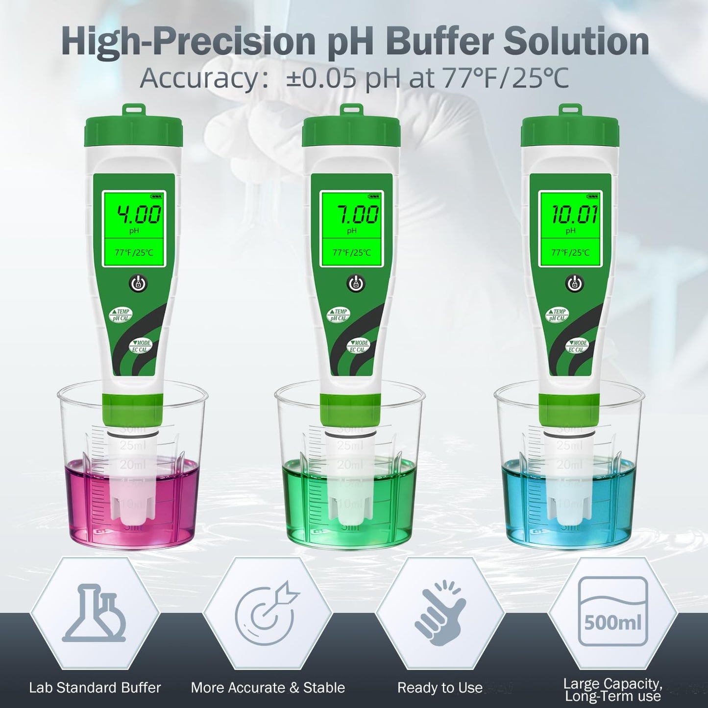 Nynelly pH Meter Calibration Buffer Solution Kit–4.00 7.00 10.01, Each 500ml(16.9fl oz) and 30ml KCL pH Probe Storage Solution for Precisely Calibrate pH Tester, 3 Beakers Included