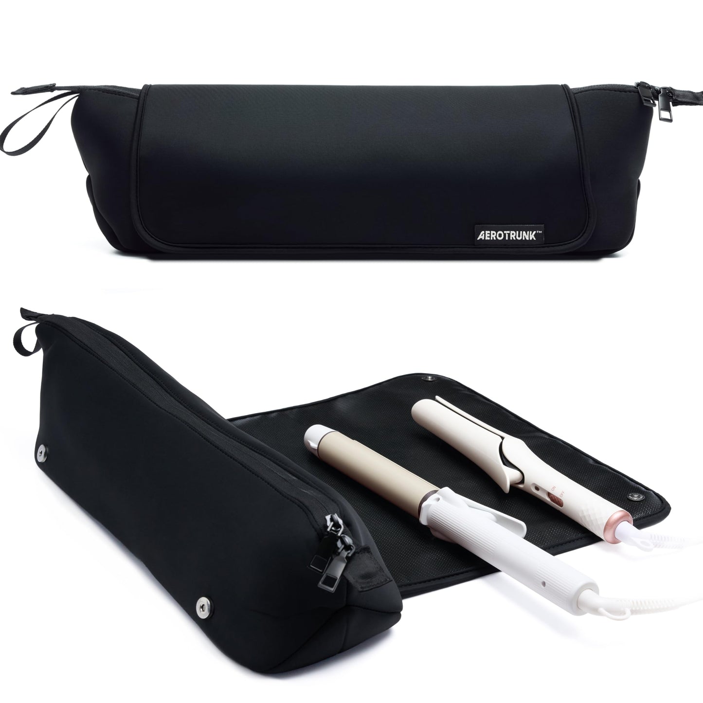 Aerotrunk Hair Tools Organizer - Hot Hair Tools Travel Bag with Heat Resistant Mat, Large Capacity Pouch for Flat Irons, Curling Wands, Hair Dryers - Black