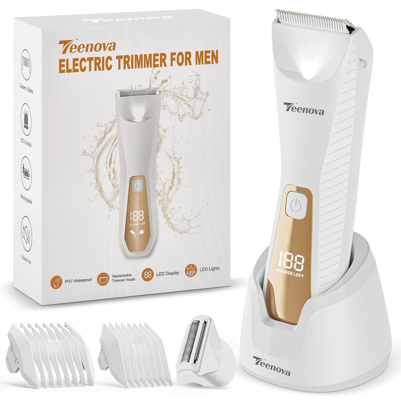 TEENOVA Pubic & Body Hair Trimmer for Men, 2 In 1 Electric Ball Groin Razor Shaver with Ceramic Blade, No Nick Mens Grooming Kit for Wet/Dry Use, Cordless Charging Body Groomer with Led Display, White