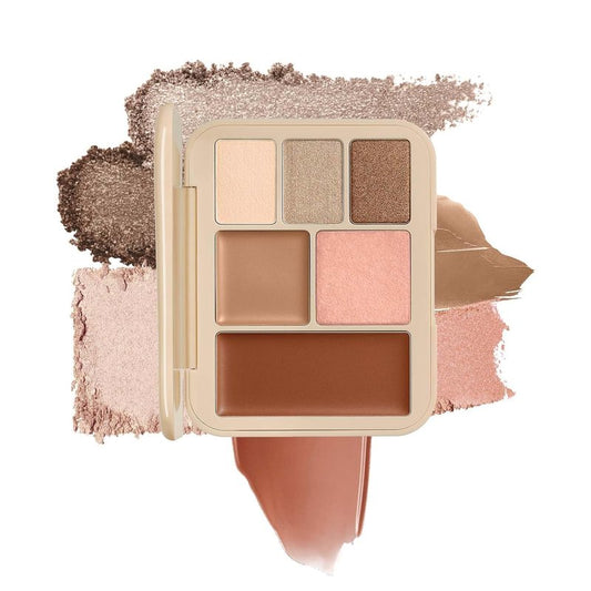 6 Color Multi-Use Face Palette - 5 in 1 Makeup Kit with Eyeshadow, Blush, Contour, Highlighter | Travel-Friendly Coffee Look