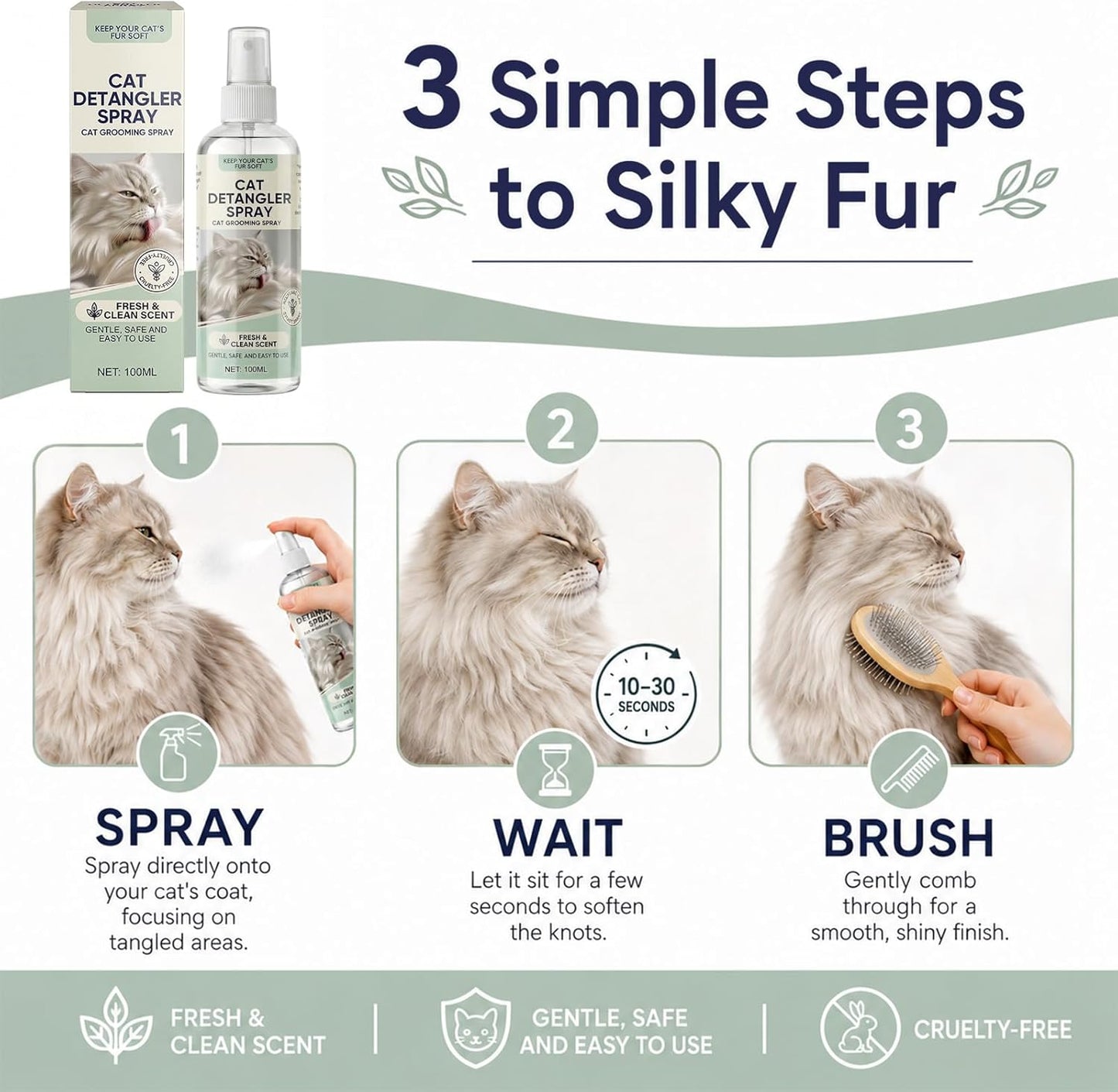 Cat Detangler Spray | Gentle Leave-in Grooming Spray with Aloe Vera & Coconut Oil - Loosens Knots, Reduces Static - 100ml