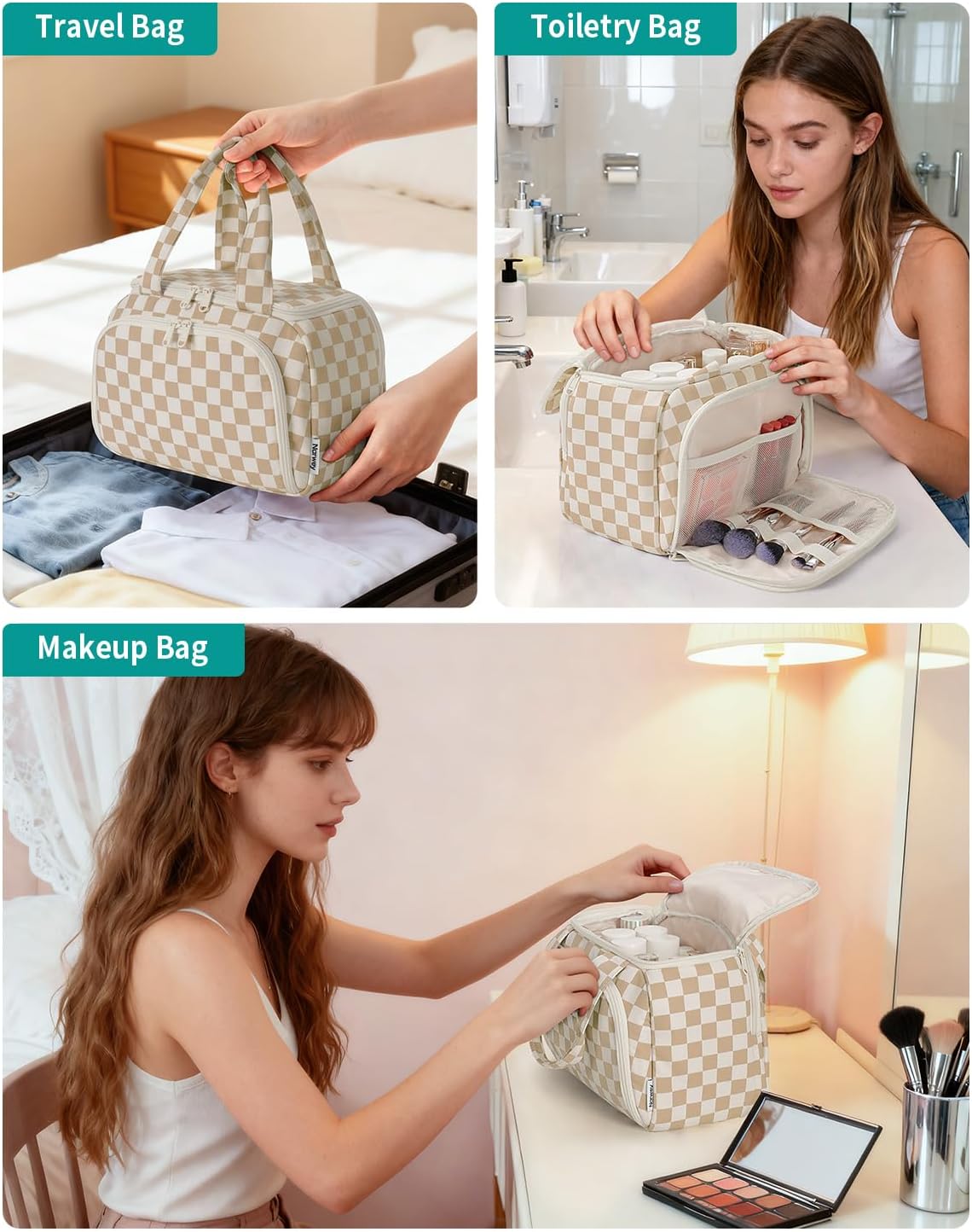 Checkered Travel Toiletry Bag for Women - Large Makeup Organizer with Handle | Light Brown Checkerboard