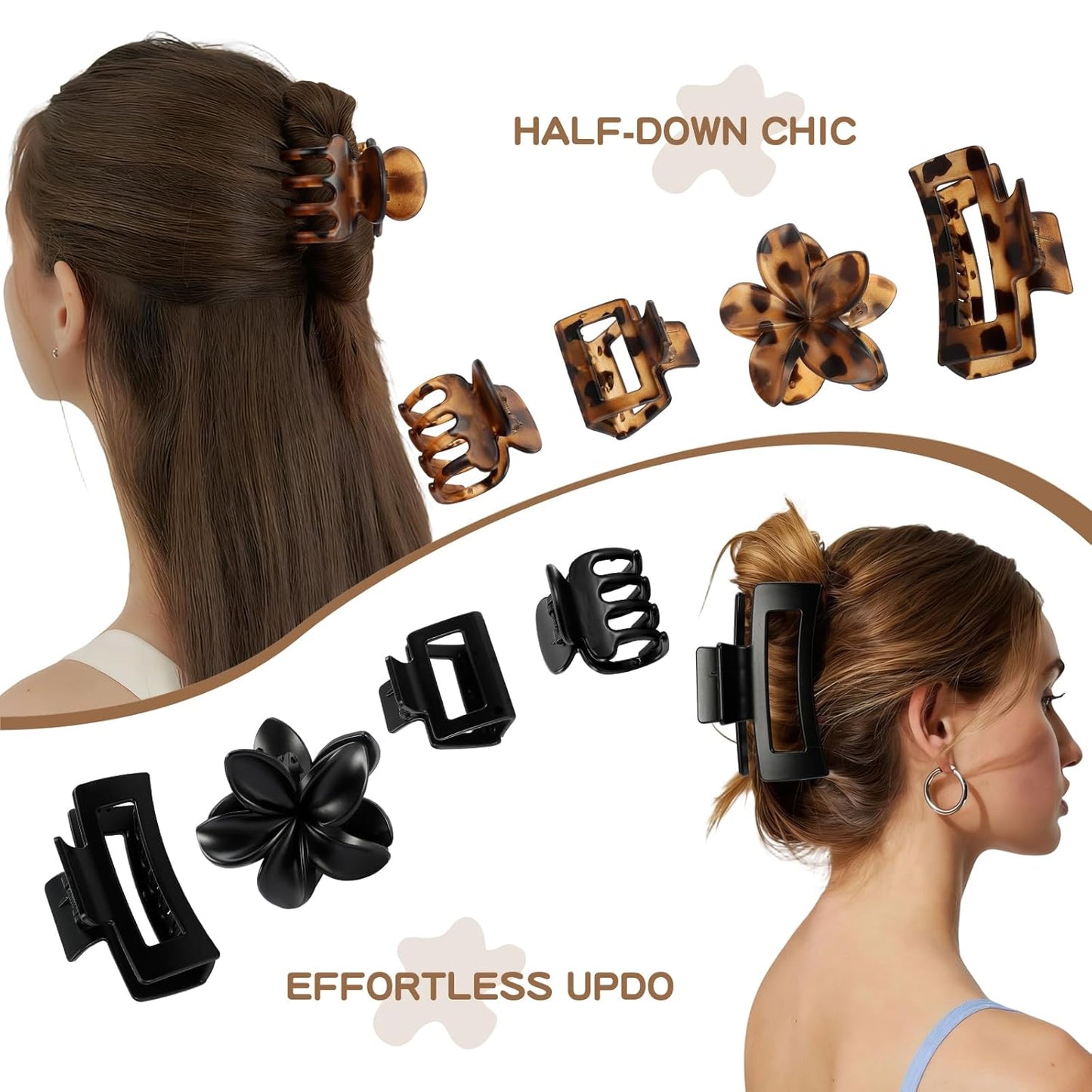 Matte Hair Clips for Women - 8 Pcs Strong Hold Non-Slip Claw Clips | Flower & Rectangle Styles in Deep Leopard
