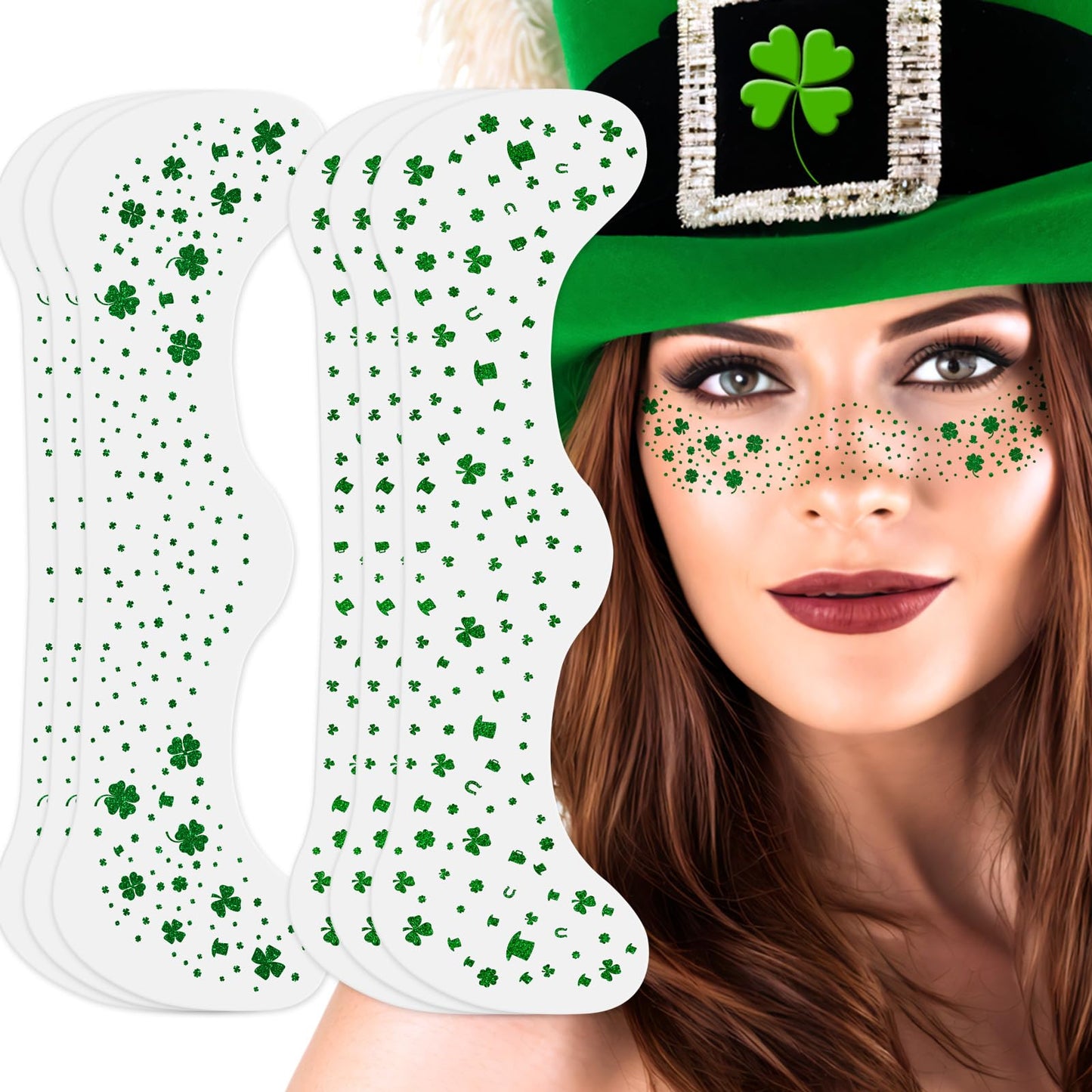 MEICOLY Shamrock Glitter Freckle Stickers,St Patricks Day Accessories for Women,St Paddys Temporary Tattoos for Kids,Waterproof Clover Face Sticker,Sparkle Saint Patrick's Day Green Makeup,6Pcs