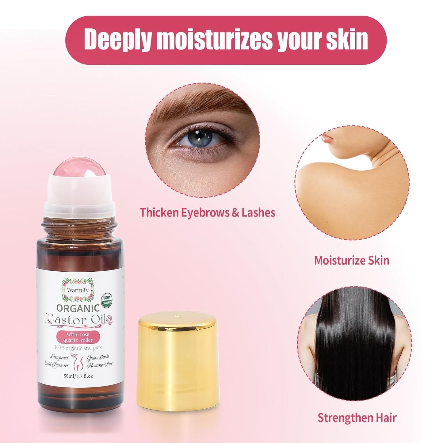 Organic Castor Oil - Rose Quartz Roll-On for Skin Moisturizing | 50ml Cold-Pressed, Hexane-Free, Relaxing Self-Care Gift