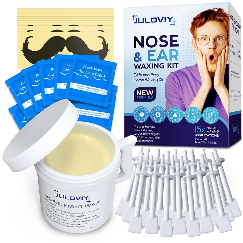 Nose & Ear Waxing Kit - Hypoallergenic Wax + 30 Applicators | Painless Hair Removal for Men & Women | Includes 15 Soothing Balm Wipes & Mustache Guards | Long-Lasting Results (6 Weeks) (120g)