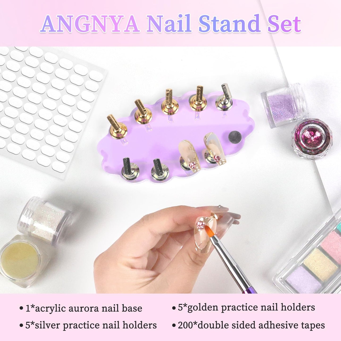 ANGNYA Nail Stand for Press on Nails Display, Magnetic Press on Nail Stand with 200 PCS Reusable Adhesive Tapes, Nail Tips Practice Painting Holder for DIY Nail Art Tools