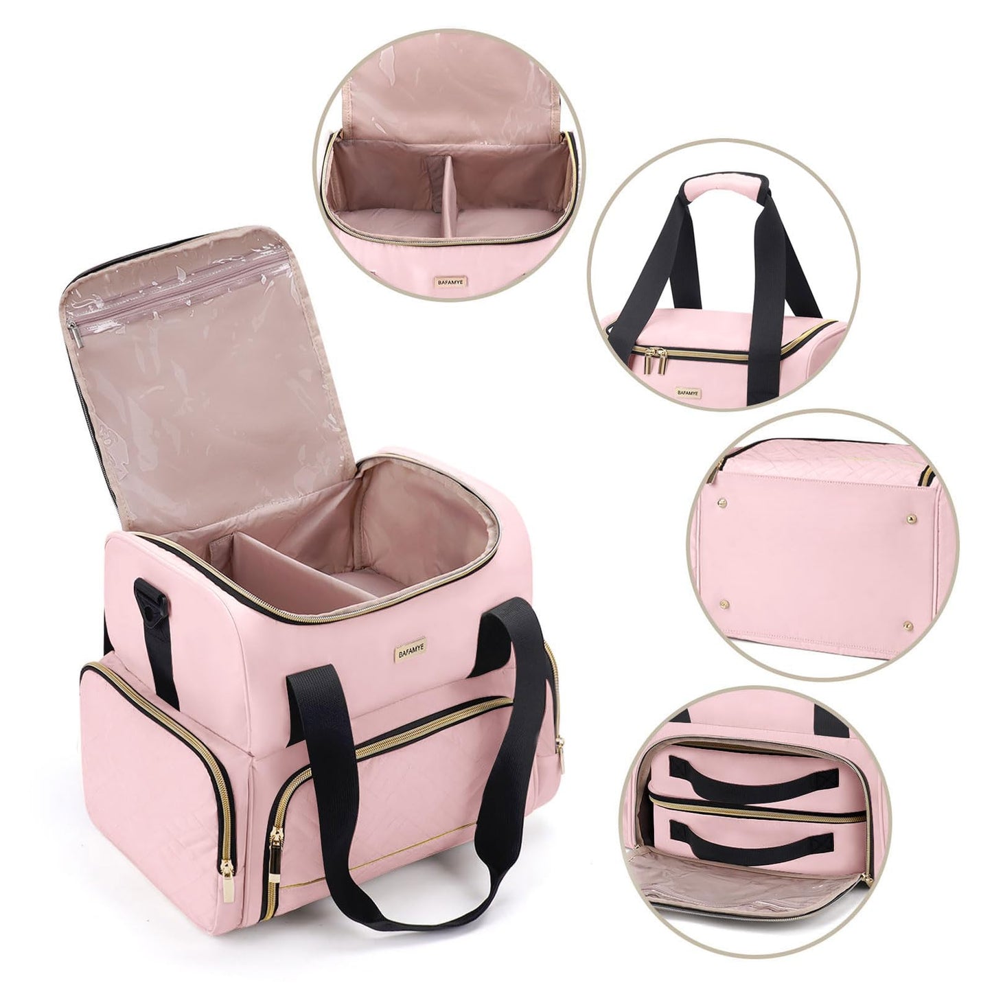 BAFAMYE Large Makeup Cosmetic Bag with 2 Removable Case, Double Layer Travel Makeup Organizer Case, travel Toiletry Bag For Women, Pink