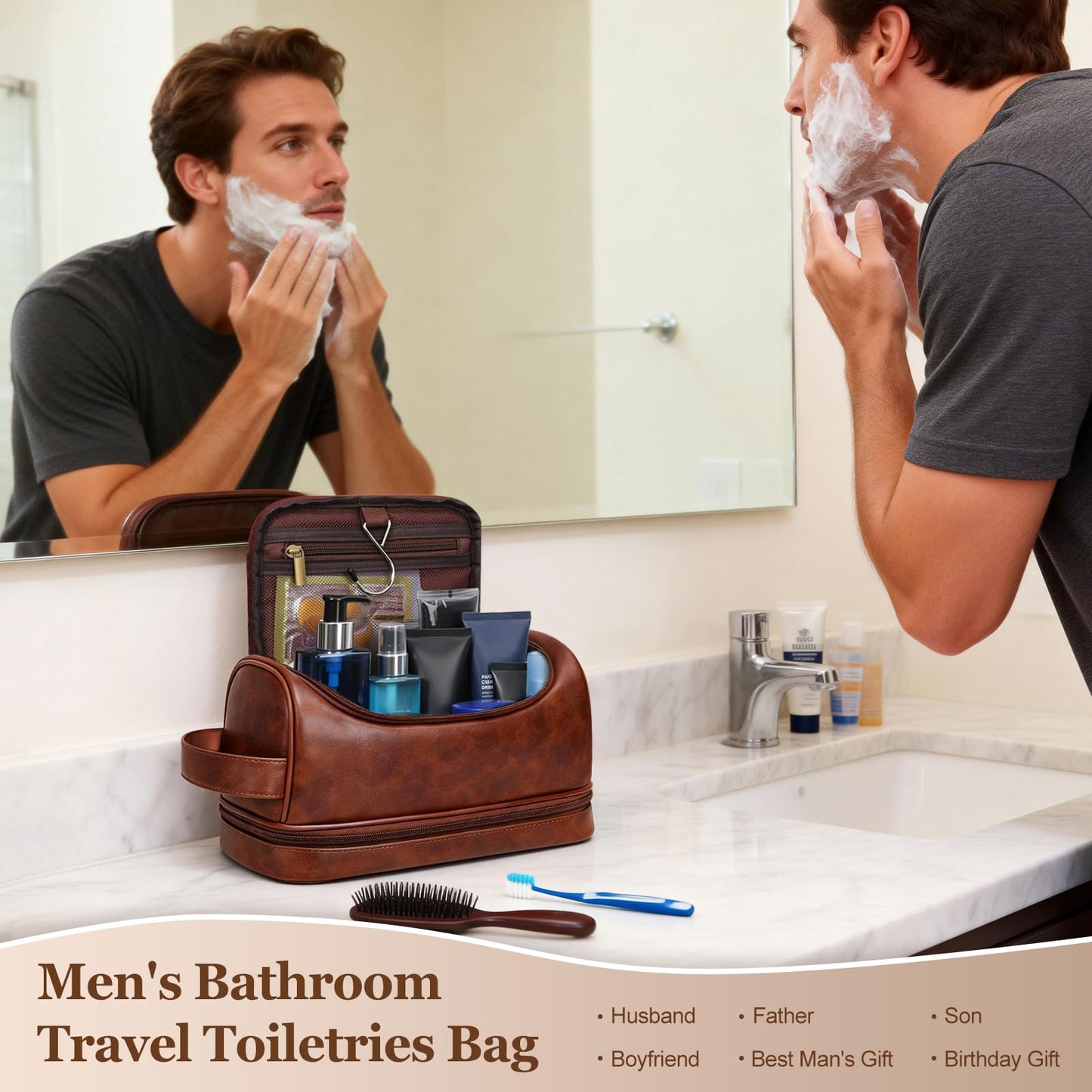 Personalized Men’s Travel Toiletry Bag with Hook, Engraved Initials PU Leather Water-resistant Shaving Bag for Bathroom Shower, Unique Anniversary & Birthday Gifts for Men, Dad, Husband, Son,A