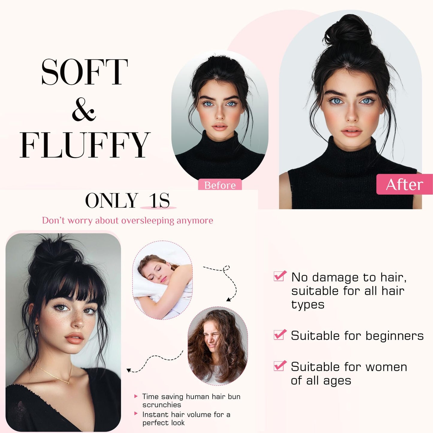 Rich Choices Human Hair Messy Bun Hair Piece for Women, 100% Remy Human Hairs,Chignon Fluffy Donut Updo with Elastic Rubber Band for Girl Wavy #1BP613R Natural Black Mix Blenach Blonde