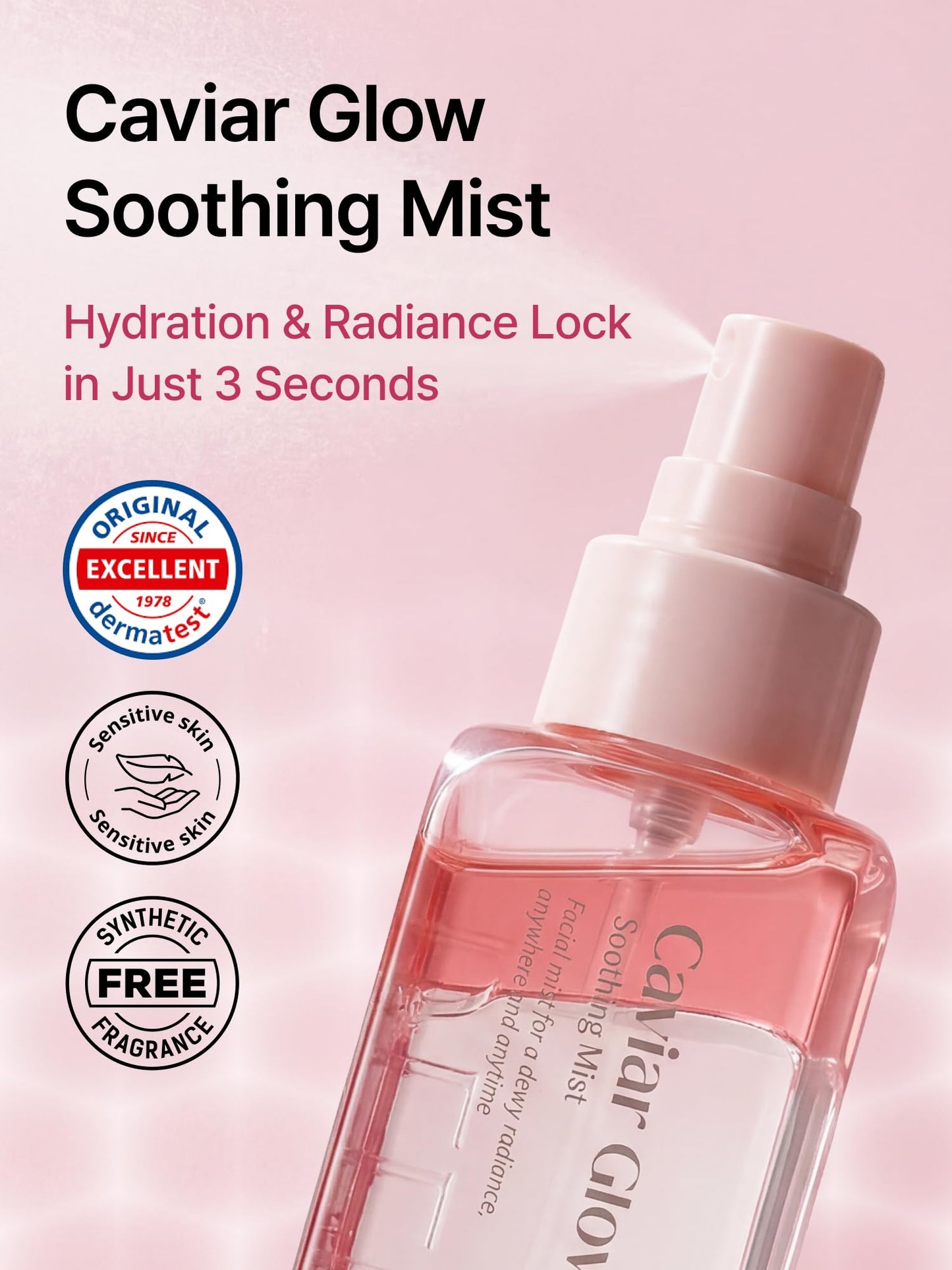 Delere Caviar Glow Soothing Mist | Korean Glass Skin Spray Serum with 5% Caviar & Squalane - Instant 3-Second Radiance & Makeup Setting – Anti-Aging Collagen Booster for Sensitive Skin, 3.4oz