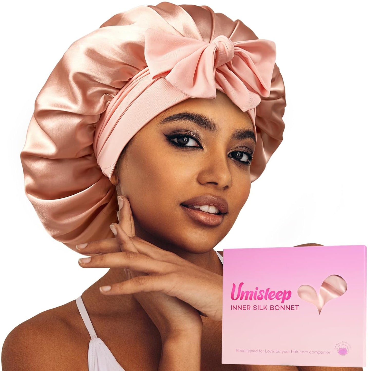 Silk Bonnet for Sleeping - Real Mulberry Silk Hair Care Cap | Double Layer, Large Size, Blush Pink