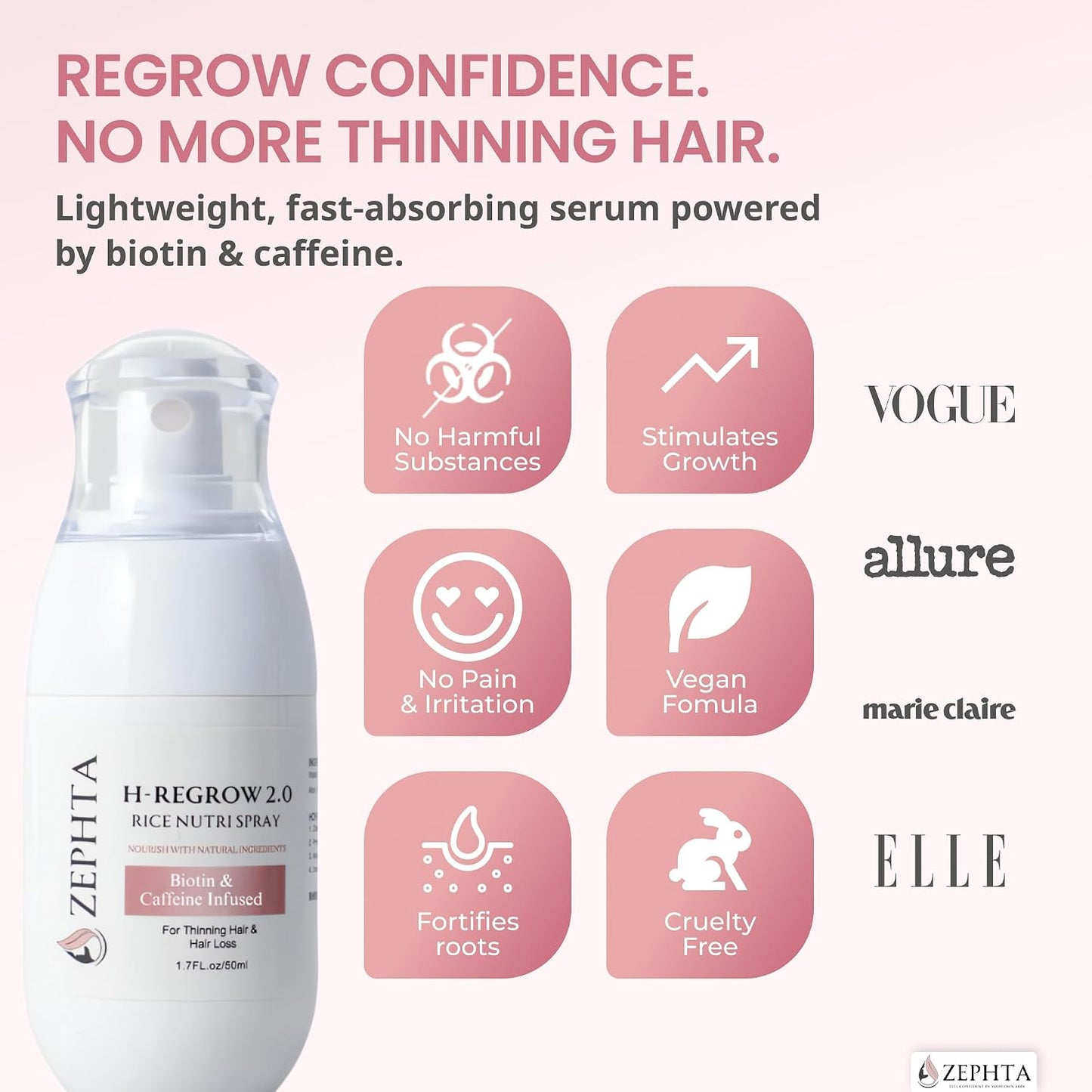 Zephta Hair Growth Spray - Rice Water, Biotin & Aloe Vera Formula for Thinning Hair | Unisex Solution
