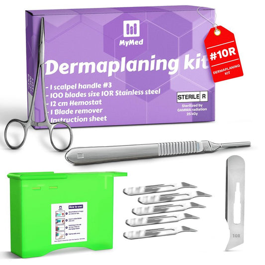 MyMed 10R Blades Dermaplaning Kit Containing 10r Blades Scalpels Pack of 100 with Dermaplane Handle #3 + Scalpel Blades Remover Box + Hemostat - Pack of Dermaplane Razor Blades for Dermaplaning