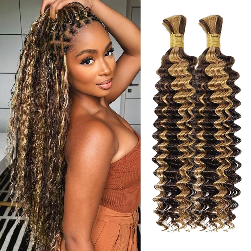 4/27 Boho Hair For Braiding Deep Wave Human Braiding Hair 100g 16 Inch Color 27 Bulk Human Hair Braiding Hair for Boho Braids Knotless 12A Curly Bohemian 2 Bundles