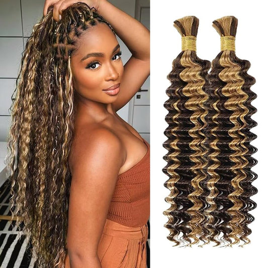 4/27 Boho Hair For Braiding Deep Wave Human Braiding Hair 100g 16 Inch Color 27 Bulk Human Hair Braiding Hair for Boho Braids Knotless 12A Curly Bohemian 2 Bundles