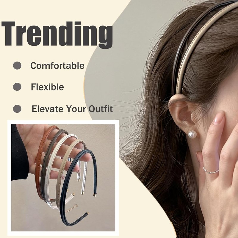 Skinny Leather Headbands for Women - Trendy No-Headache Non-Slip Hair Accessories | 5 Pcs Set (Beige/Brown/Black/White/Tan)