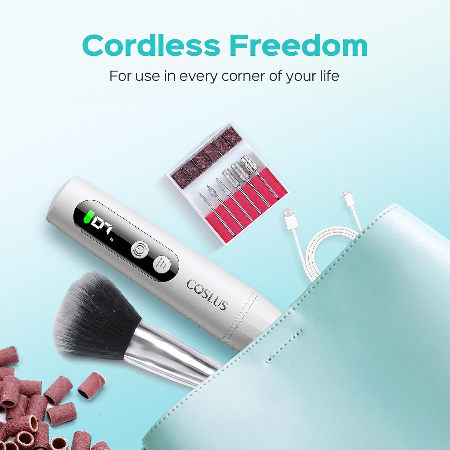 COSLUS Cordless Nail Drill - Professional Electric Nail File Kit with LED Screen | Portable for Home & Salon Use, Gray