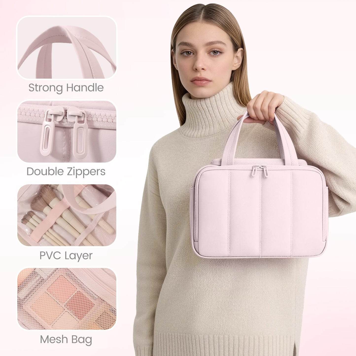 SODEER Cute Puffy Toiletry Bag for Women,Large Makeup Bag,Travel Cosmetic Bag with Adjustable Dividers & Trolley Sleeve,Toiletries Organizer,Light Pink