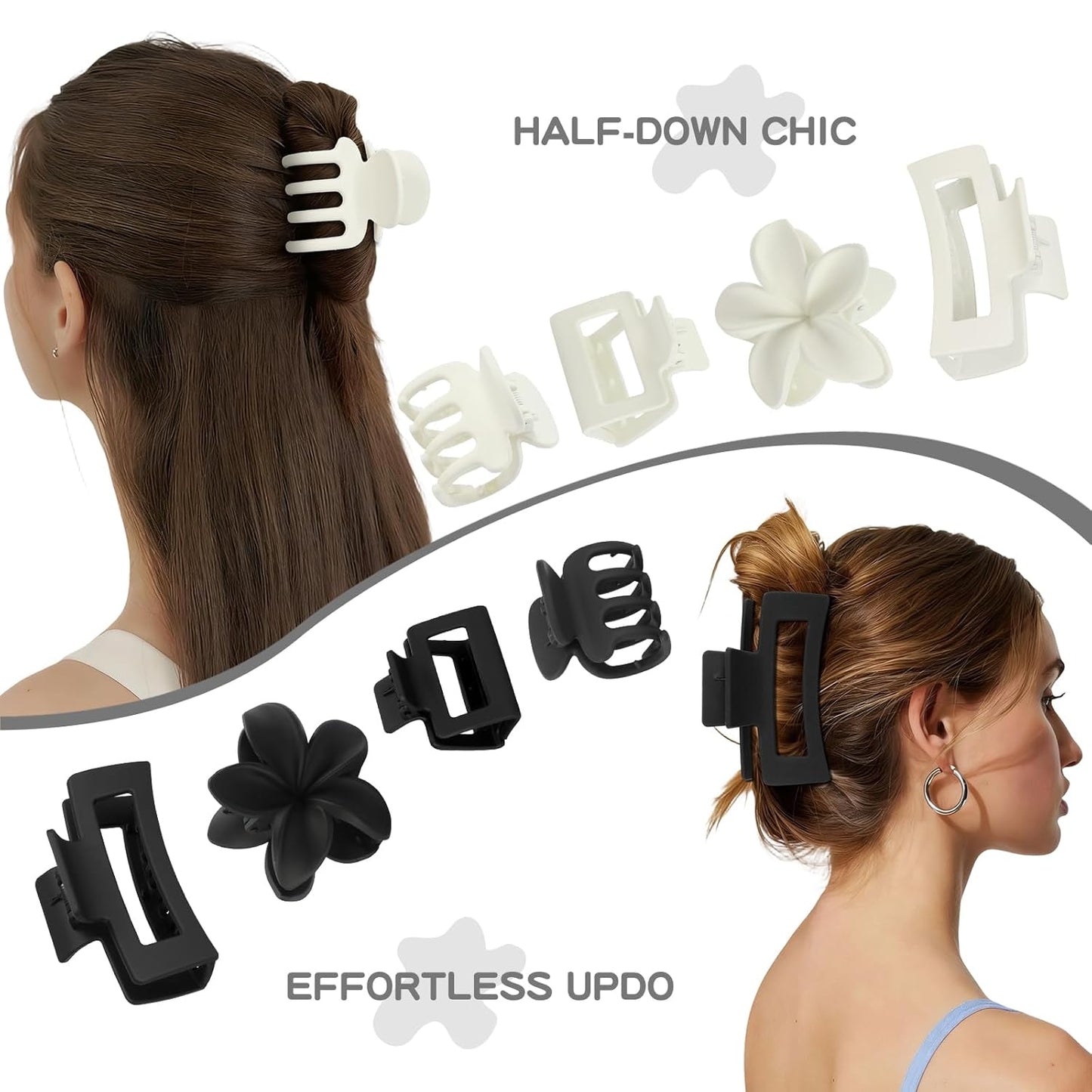 Matte Hair Clips for Women - Strong Hold Non-Slip Claw Clips | 8 Pcs in Neutral Colors (White & Black)