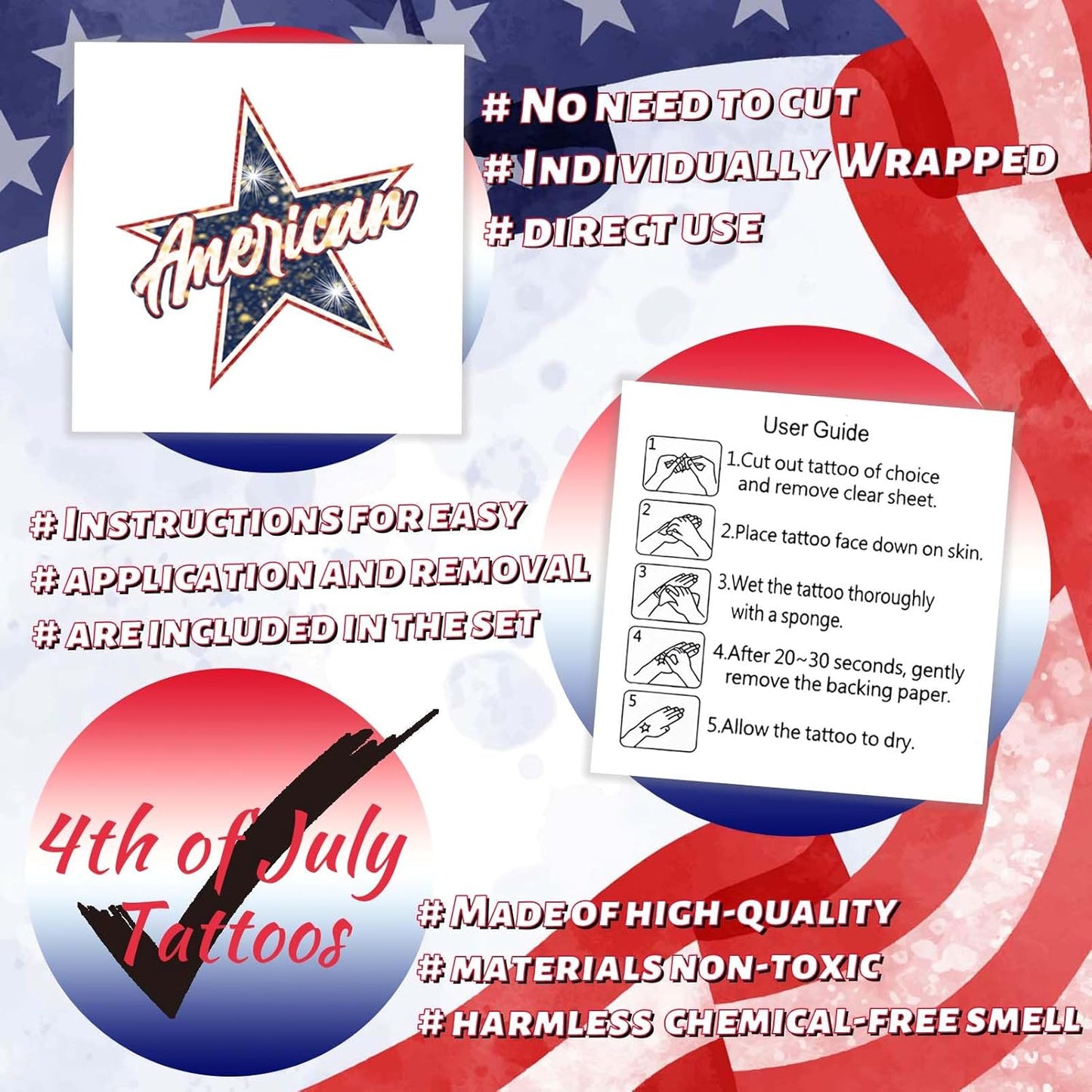 120 Pcs Glitter 4th of July Temporary Tattoos - Waterproof Star Designs for Independence Day Celebration