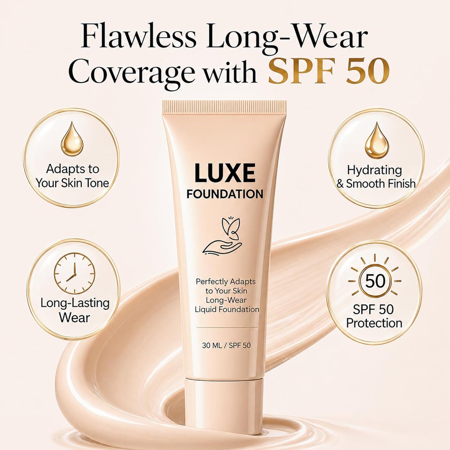 Color Changing Foundation for Women - Hyaluronic Acid & Vitamin E, Flawless Finish, SPF 50 | 30 ML