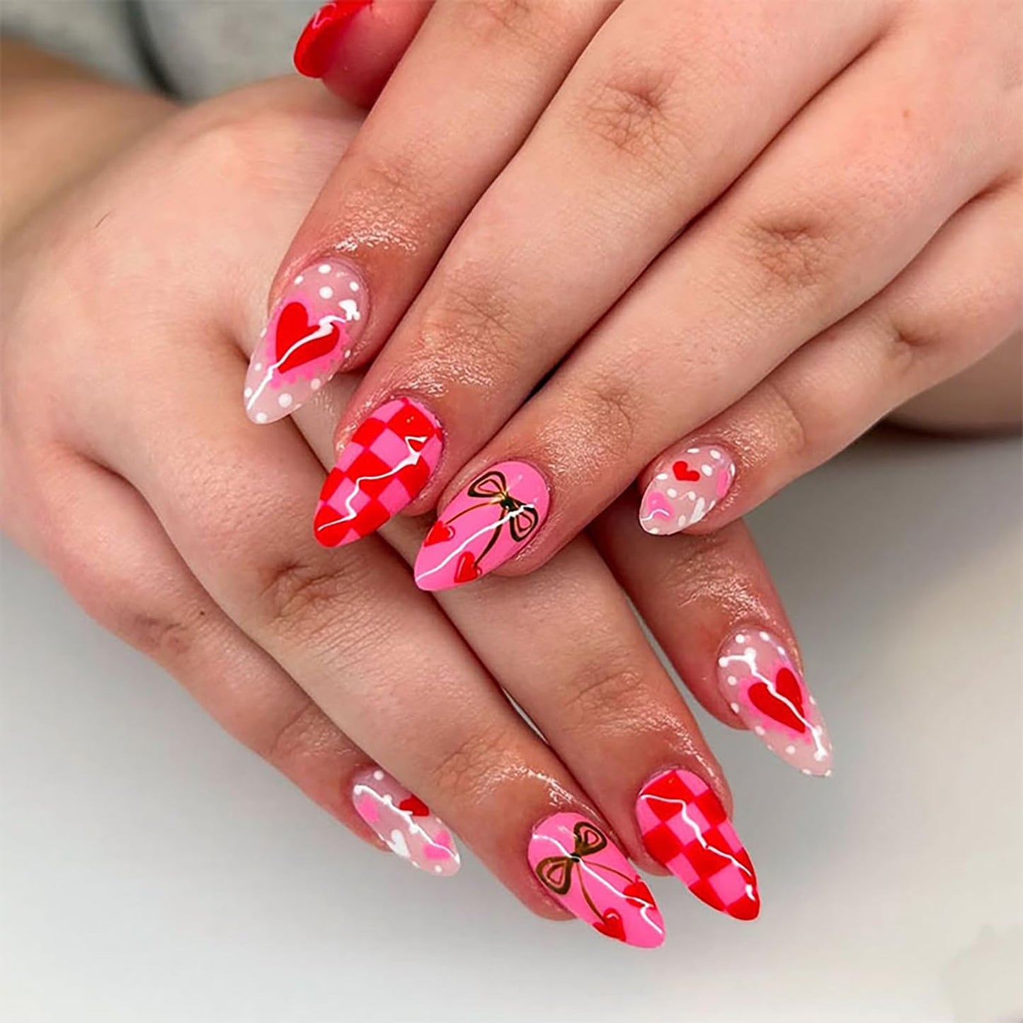 Leopard Print Press-On Nails - 30 Pcs Medium Almond Acrylic with Heart Pearl Bow & Rhinestones | Romantic Valentine’s French Tip Design