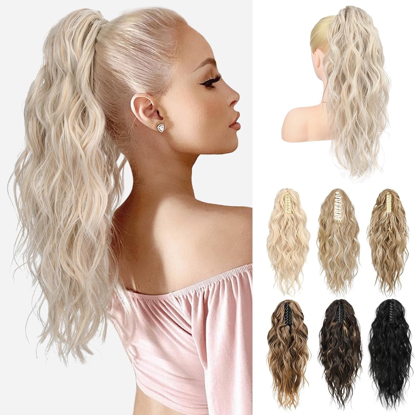 Ponytail Extension - 18" Wavy Claw Clip Hairpiece | Synthetic Curly Ponytail - Black Brown